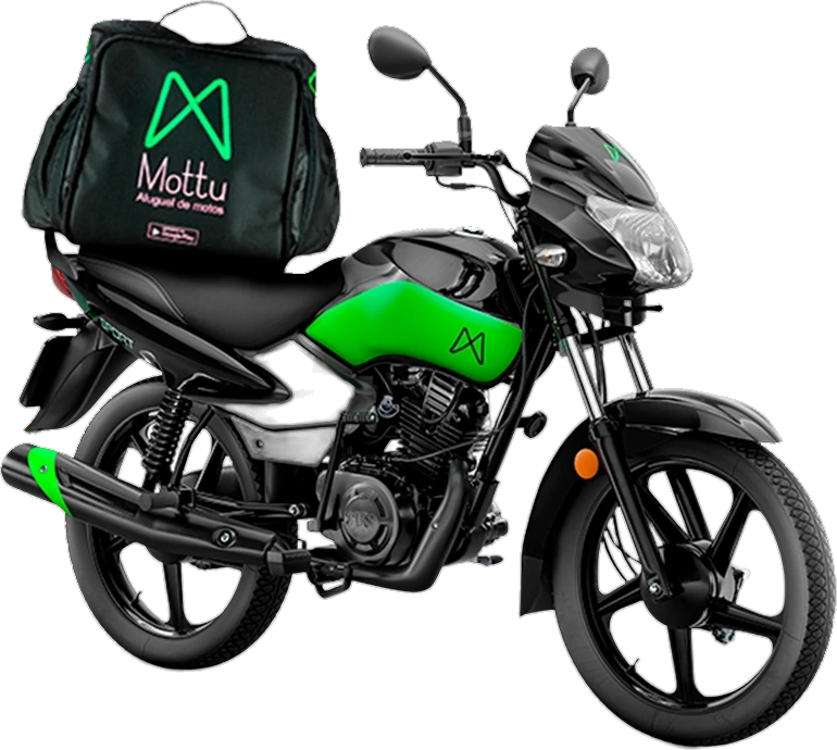 Mottu Sport ESD 2025 preta e verde com bau de entrega Mottu instalado na garupa, pronta para rodar
