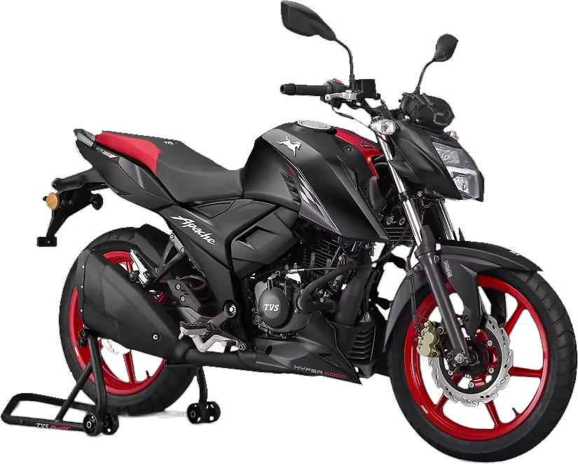Mottu RTR 160 preta e vermelha, vista três quartos frontal, moto disponível para aluguel na Mottu